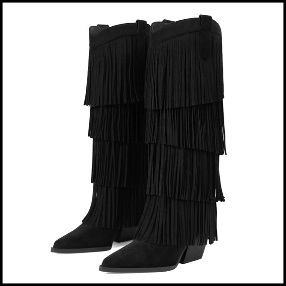 Knee High Western Boots Chunky Heel Pointed Toe Fringe Pull On Wide Calf